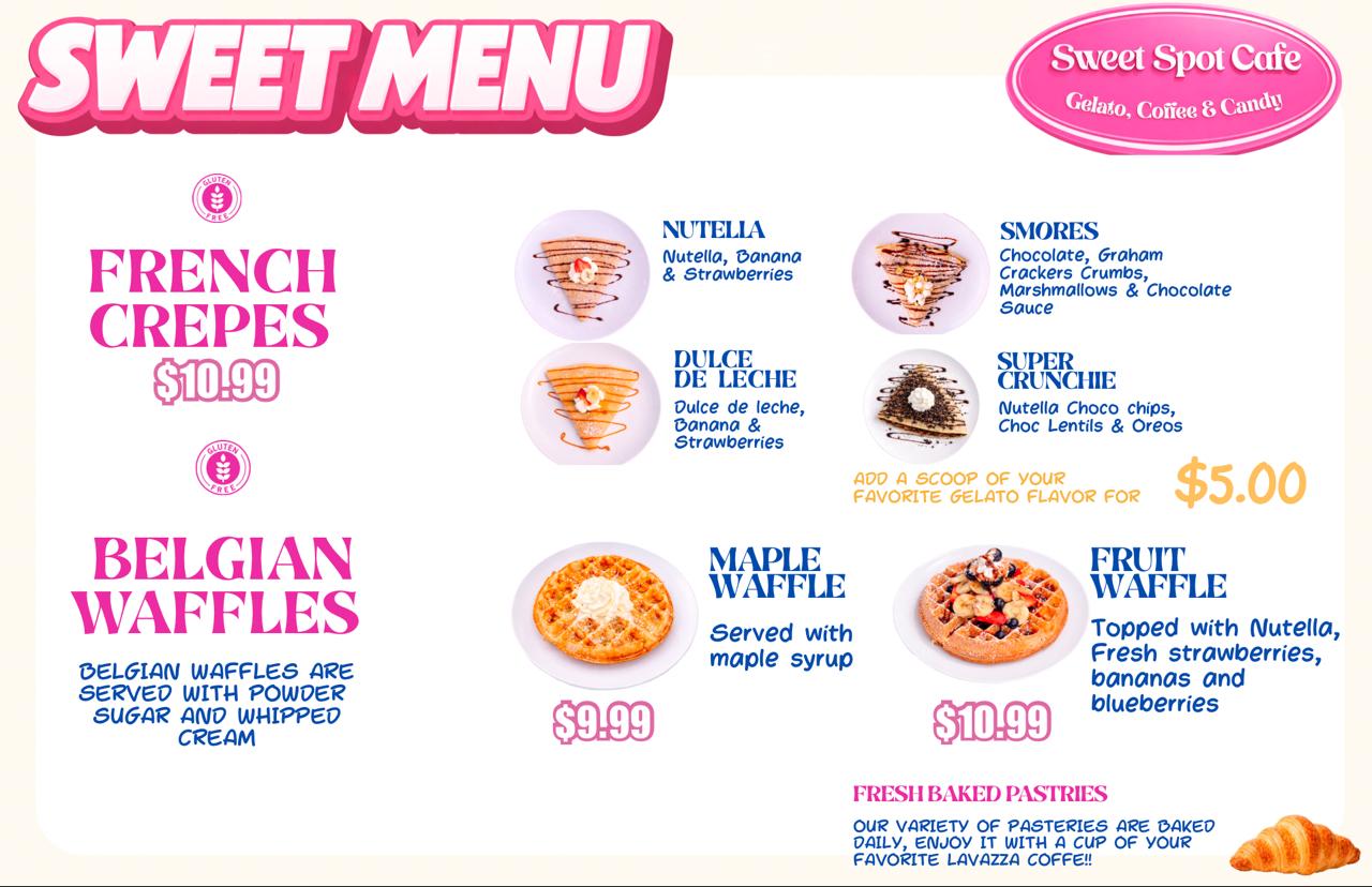 Sweet Spot Cafe menu featuring French crepes, Belgian waffles, pastries, and fruit smoothies in Bellaire, Texas