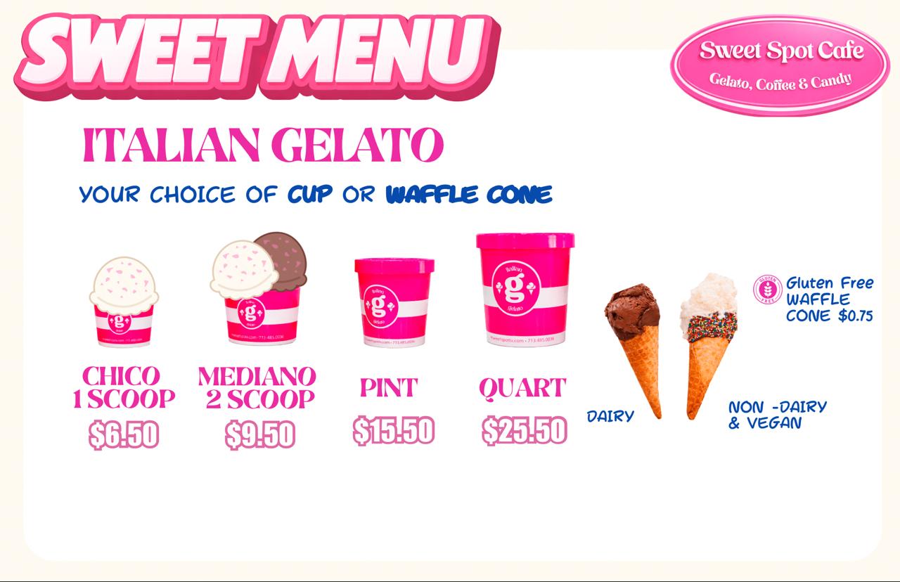 Sweet Spot Cafe gelato menu with prices for scoops, shakes, and vegan options in Bellaire, Texas